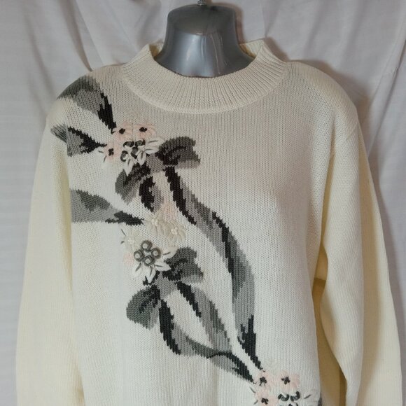 ALIA Pink White Embroidered Knit Pullover Sweater Size L Grannycore 1980s - Picture 9 of 13